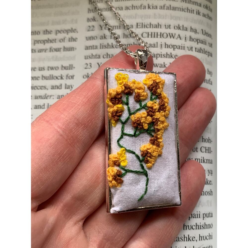 Handmade Embroidered Yellow Necklace in Rectangle Bezel - Picture 4 of 5
